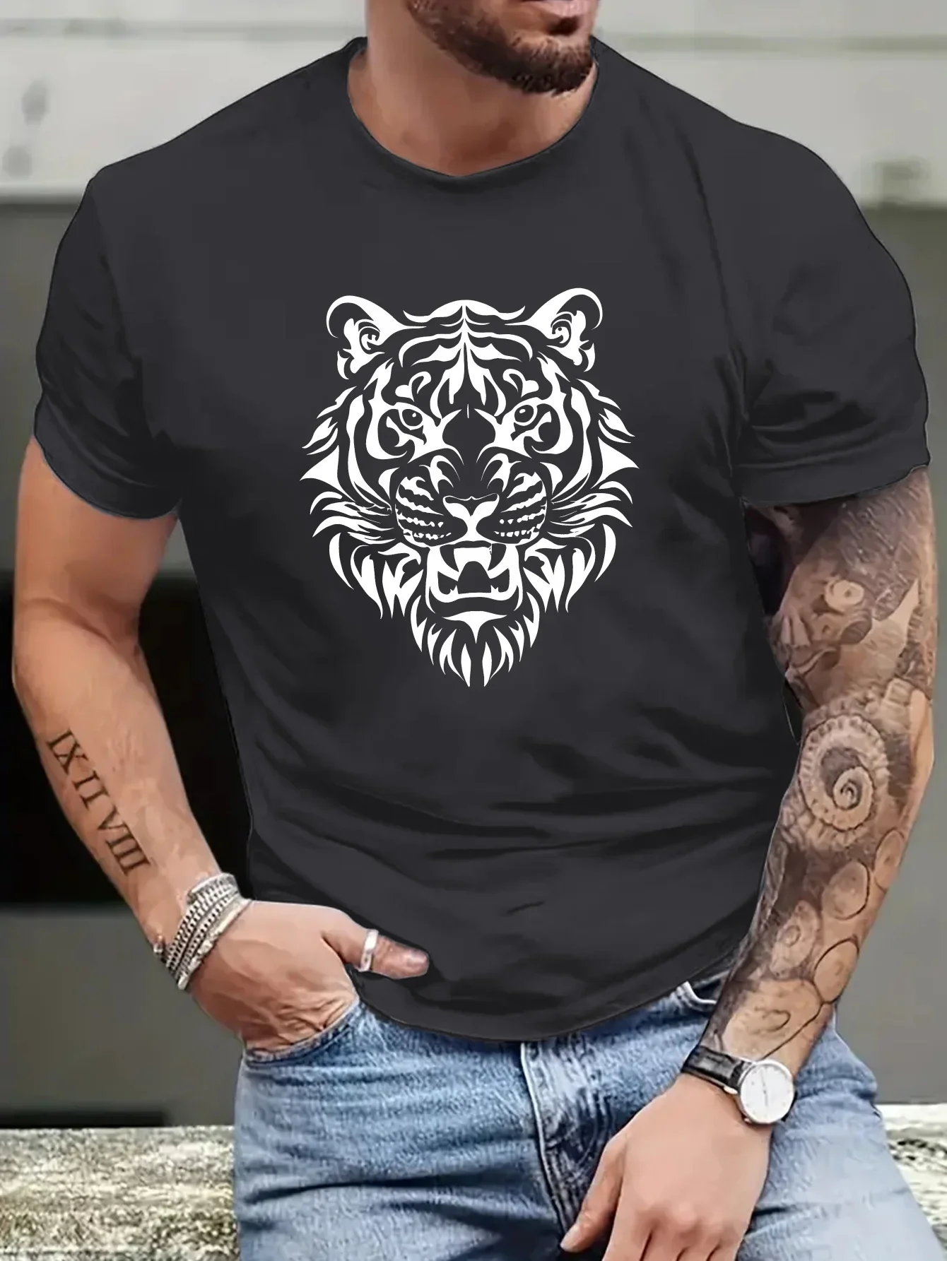 Fashion Men's Simple Style Tiger Graphic T Shirt Wild Animal Print Casual Streetwear Summer Crew Neck Short Sleeve Tops