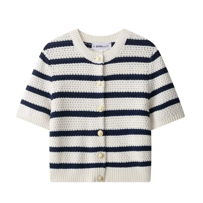 

New Women's Clothing European and American Style Crew Neck Striped Textured Short Sleeve Single-breasted Knitted Cardigan