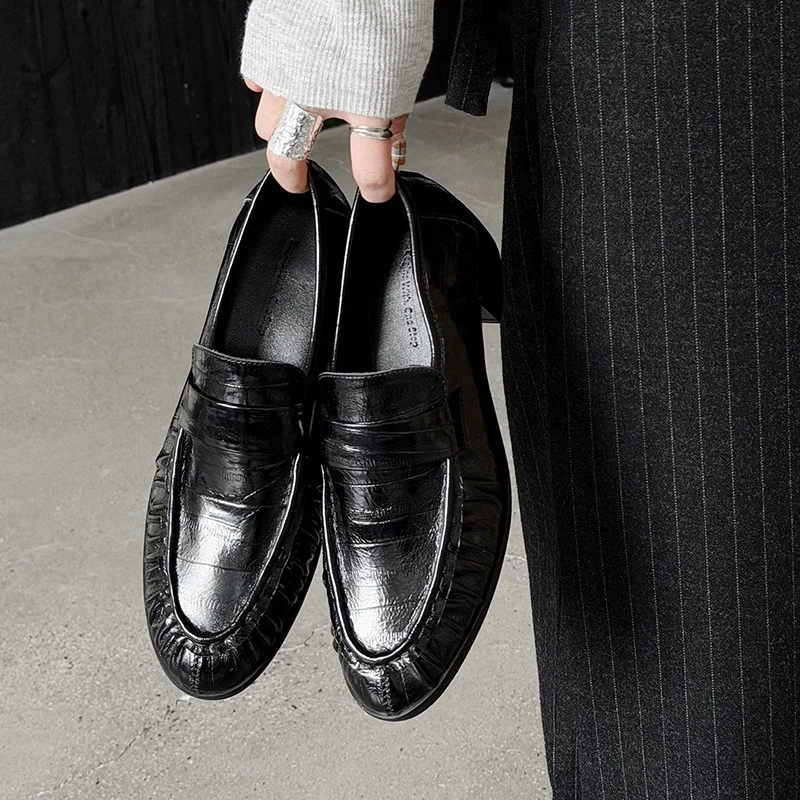 MKKHOU Croc Embossed Ruched Penny Loafers Women Round Toe Low & Mid Block Heel Slip On Casual Shoes Women