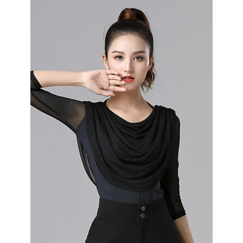 เสื้อขอบจีบเข้ารูปแบบสลิมฟิตสง่างามเสื้อเต้นลาตินของผู้หญิงเครื่องแต่งกายทันสมัยสำหรับผู้ใหญ่แบบวอลทซ์เสื้อผ้าแซมบ้าสีทึบ