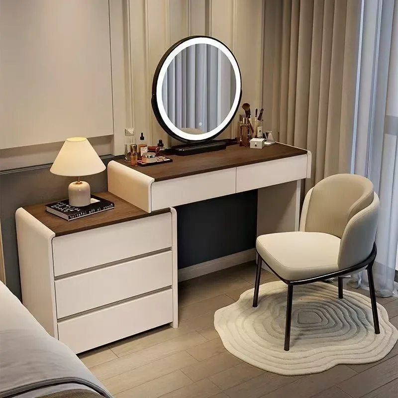 Modern Walnut Dresser with Integrated Makeup Table Bedroom Chest of Drawers Simple Design Cabinet with Skirting Line Storage