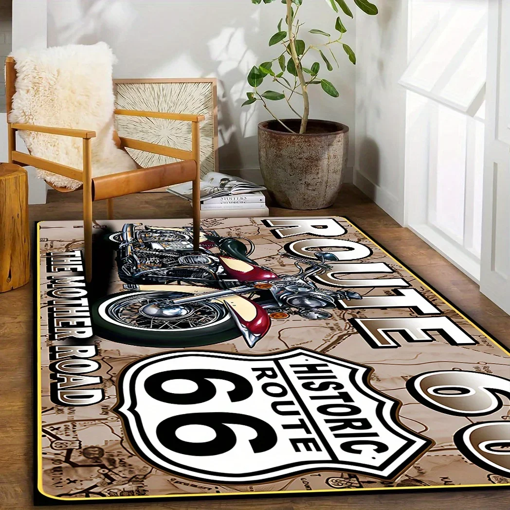 Vintage Route 66 Motorcycle Rug – Washable Non-Slip Floor Mat for Living Room & Office | Biker Gift Idea