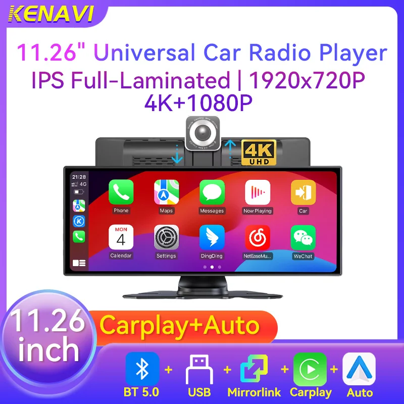 Car Radio MP5 Multimedia Player Carplay Android Auto AUX 11.26 Inch Universal 4K Dashcam DVR Dashboard Video Recorder Head Unit