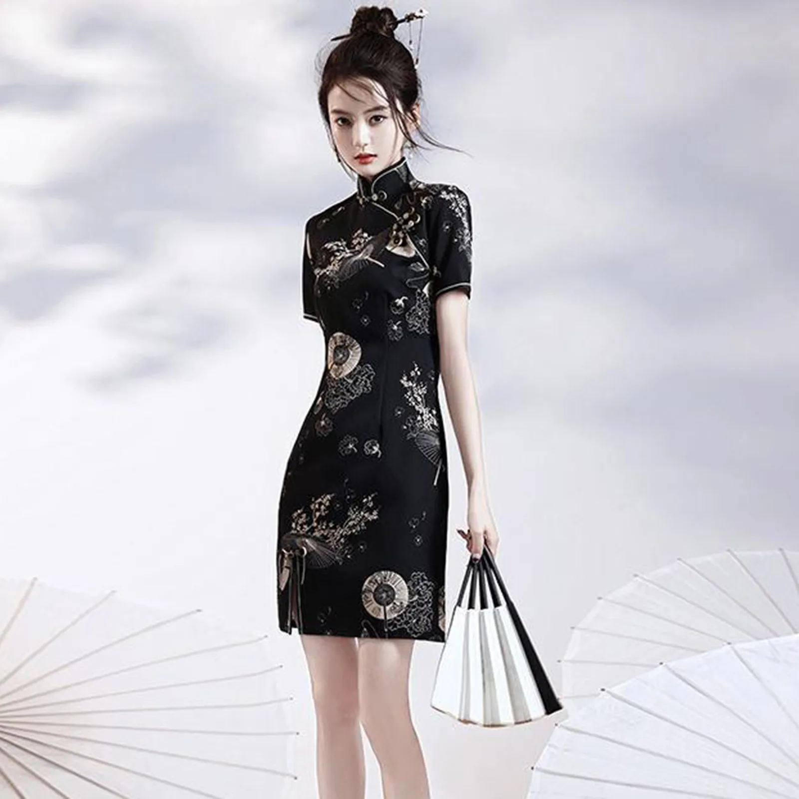 

Ladies Fashion Black Cheongsam Trendy National Style Improved Temperament Casual Fitting Cheongsam Daily Small Size Cheongsam