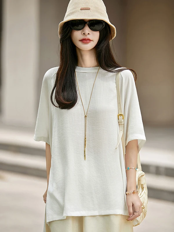 Korean Style Lazy White Short Sleeve T-Shirt Women Summer Thin Loose round Neck Pure Color Linen Comfortable Versatile Top