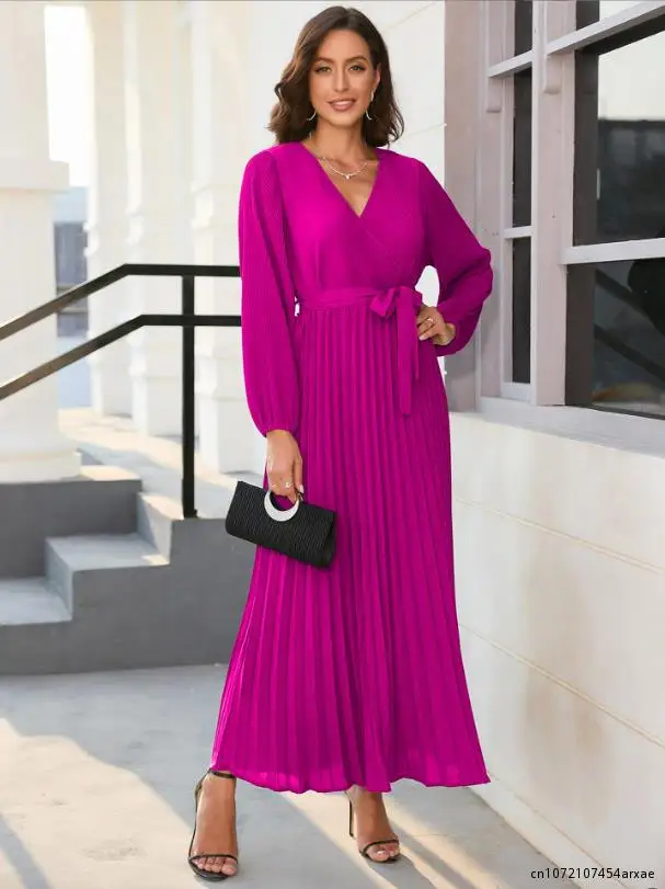 

Chic Elegant Woman Dress Spring Summer Loose Comfortable Long Sleeves V Neck Long Dresses for Woman 2023 Vintage Hot Pink Dress