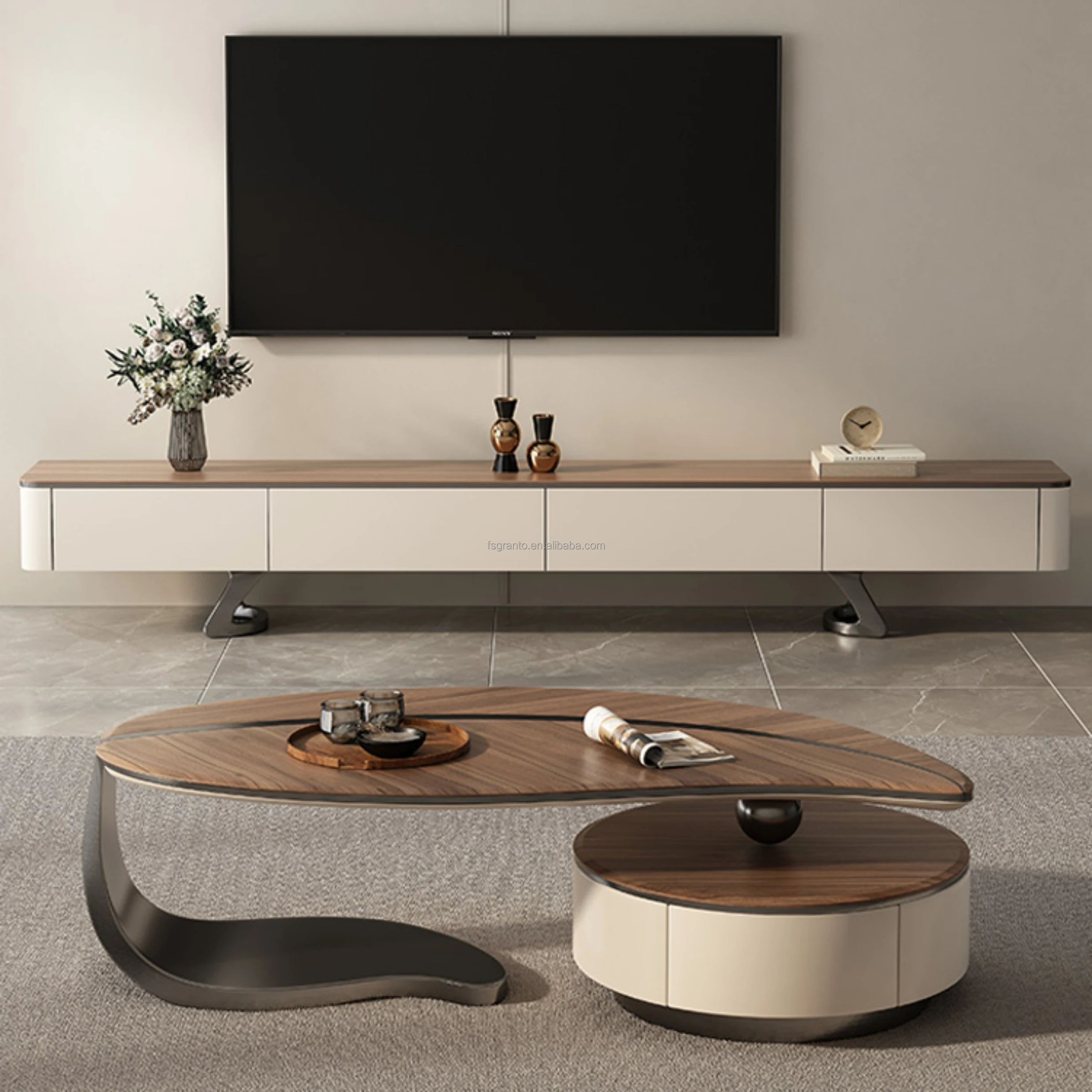 

Popular TV Cabinet Solid Wood Table Living Room New Design Leaf Coffee Table and MDF TV Stand Modern Home Furniture Set