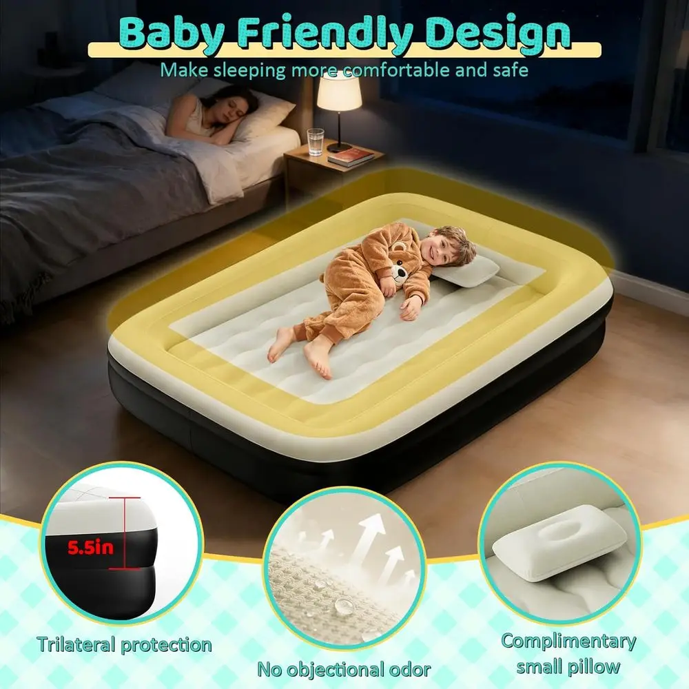 Portable Kids Air Mattress with Safety Sides, Electric Pump, and Carry Bag - Lightweight Toddler Travel Bed for Outdoor Sleeping