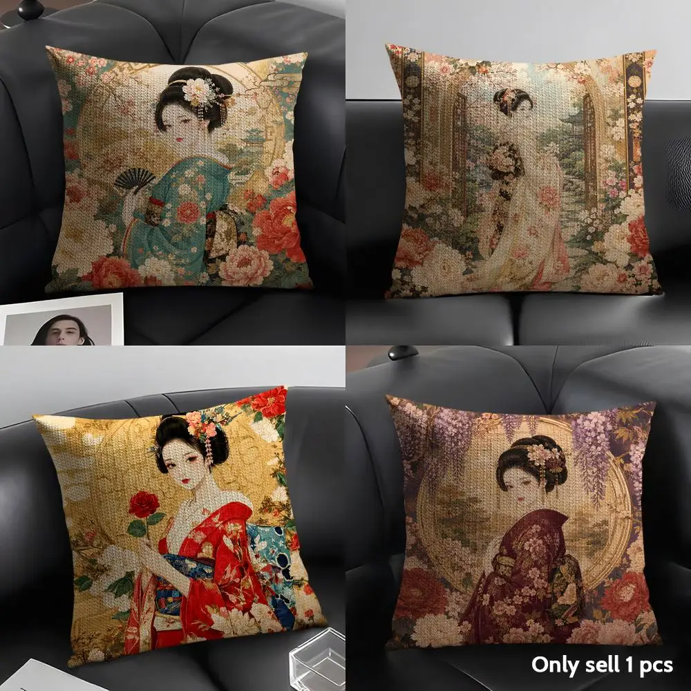 Japanese Style Geisha Cushion Cover Natural Linen Pillow Case Organic Fabric Double Sided Print Sofa Home Decor Gift