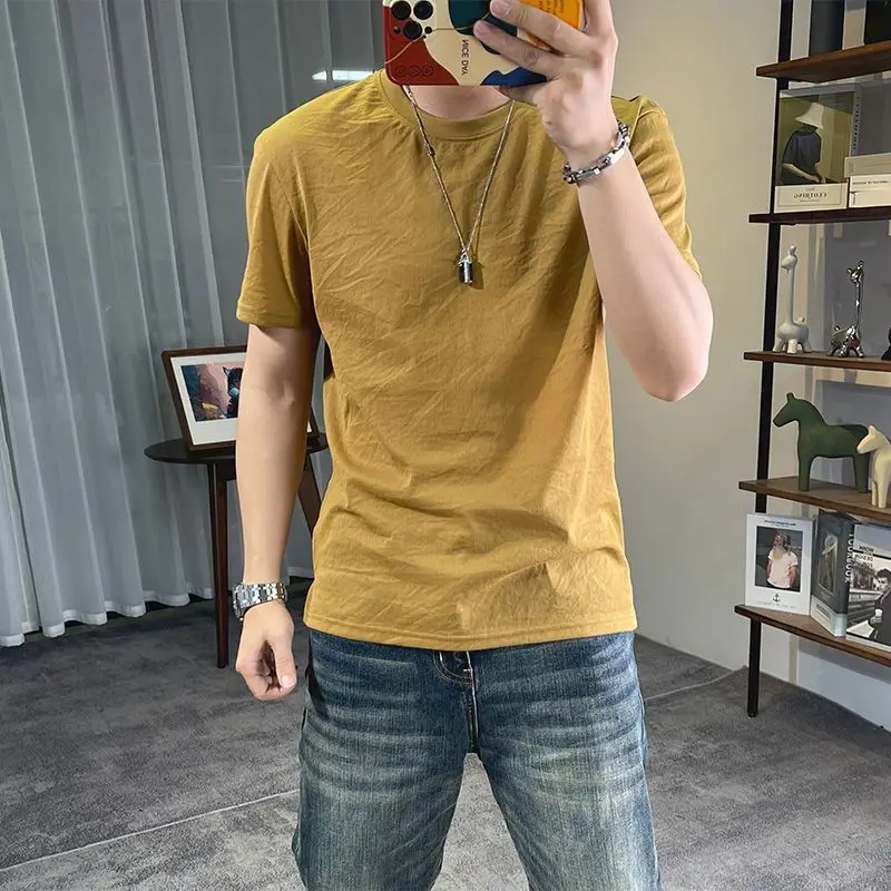 موضة س الرقبة عادية بلون تي شيرت ملابس للرجال 2025 صيف جديد فضفاض كم قصير بلايز الكورية كل مباراة تي شيرت #1