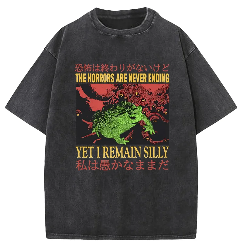 

Японская забавная футболка The Horrors Are Never Ending Yet I Remain Silly Style Frog Retro Washed Футболка Мужские футболки большого размера Топы