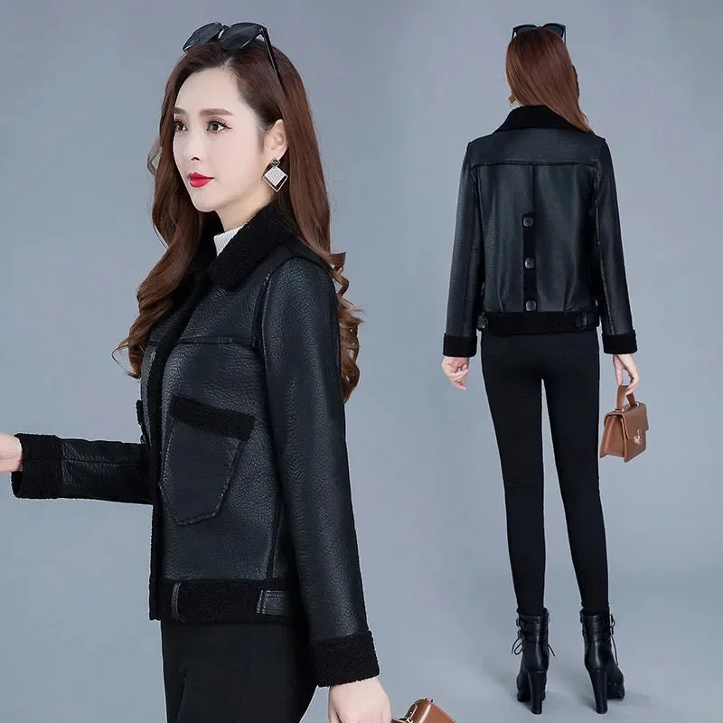 Pop veste en cuir pour femme d'âge moyen velours pour femme épaissir automne et hiver nouveau manteau en fausse fourrure veste en cuir court manteau en polyuréthane B