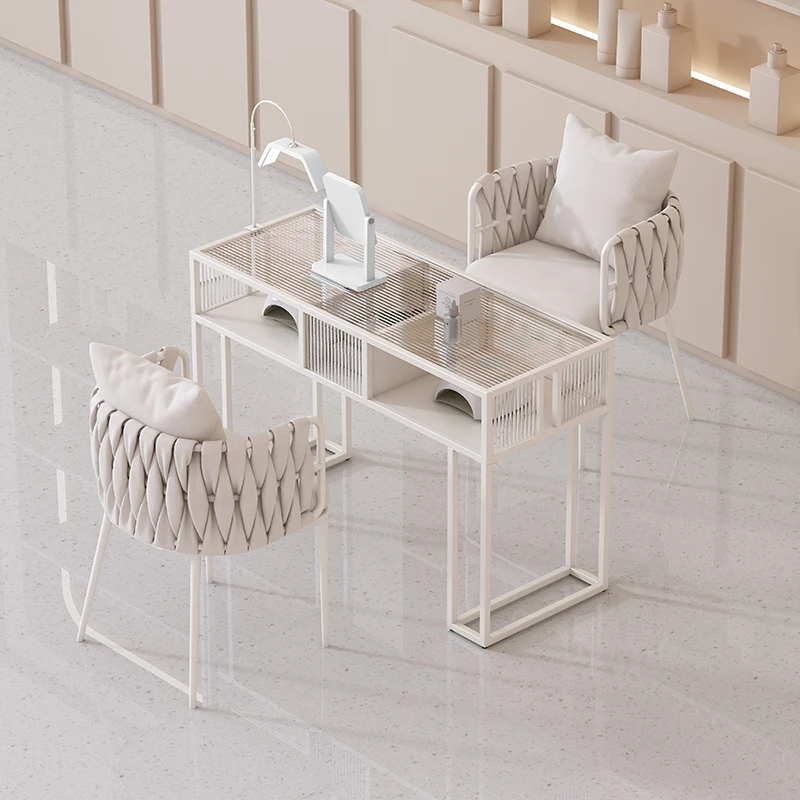 Nageltisch mit Glasplatte, professionell, schick, modern, weiß, Schönheits-Nagelschreibtisch, Salon-Design, luxuriös, Stolik Do Maniküre-Möbelsalon