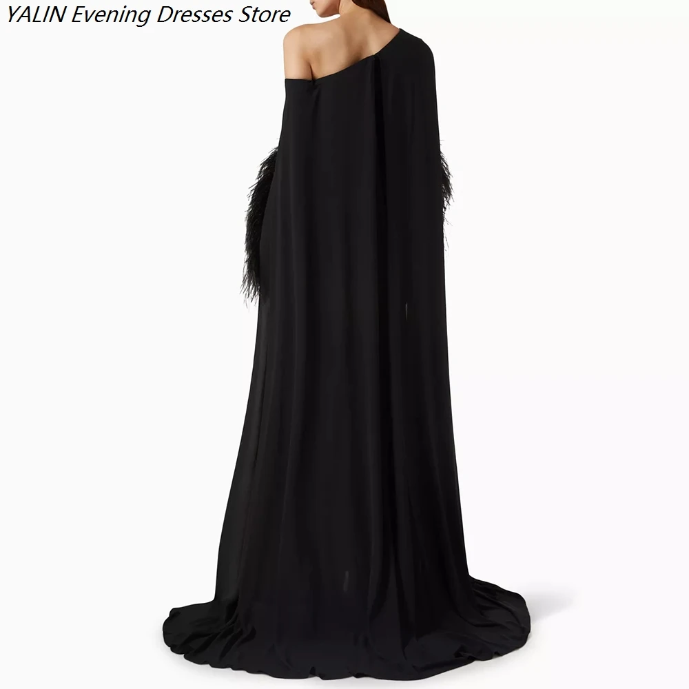 Women's Mermaid Evening Dresses Floor-length One-shoulder Sleeveless Prom Dresses Fashion Feathers Stole Draped Customized Gowns