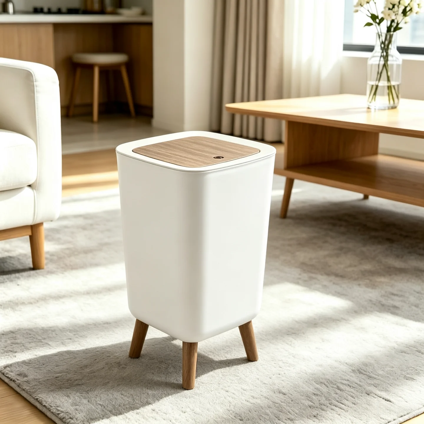 Home Decor Press‑Open Trash Can, Square Plastic Waste Bin with Simulation Wood Grain Lid & Plastic Support Legs for Bedroom Study Room