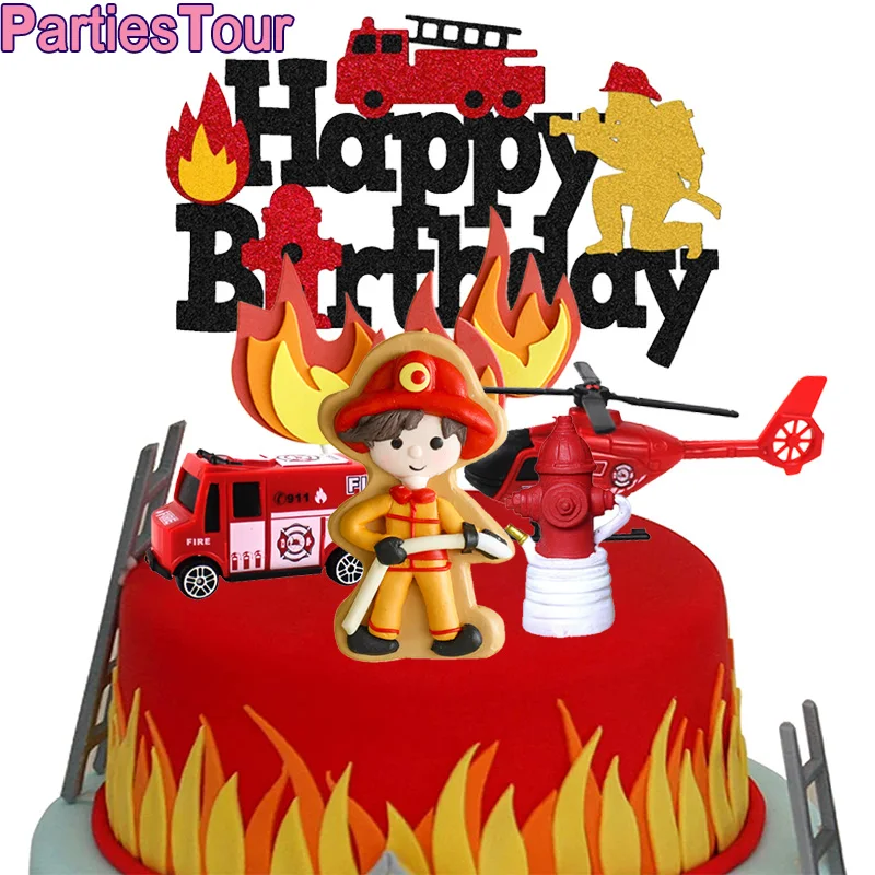 

Acrylic Fire Truck Cake Decoration Fireman Happy Birthday Cake Topper Fire Fireman Theme Boys Birthday Party Decoration Supplies