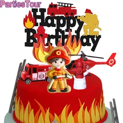 Acrylic Fire Truck Cake Decoration Fireman Happy Birthday Cake Topper Fire Fireman Theme Boys Birthday Party Decoration Supplies