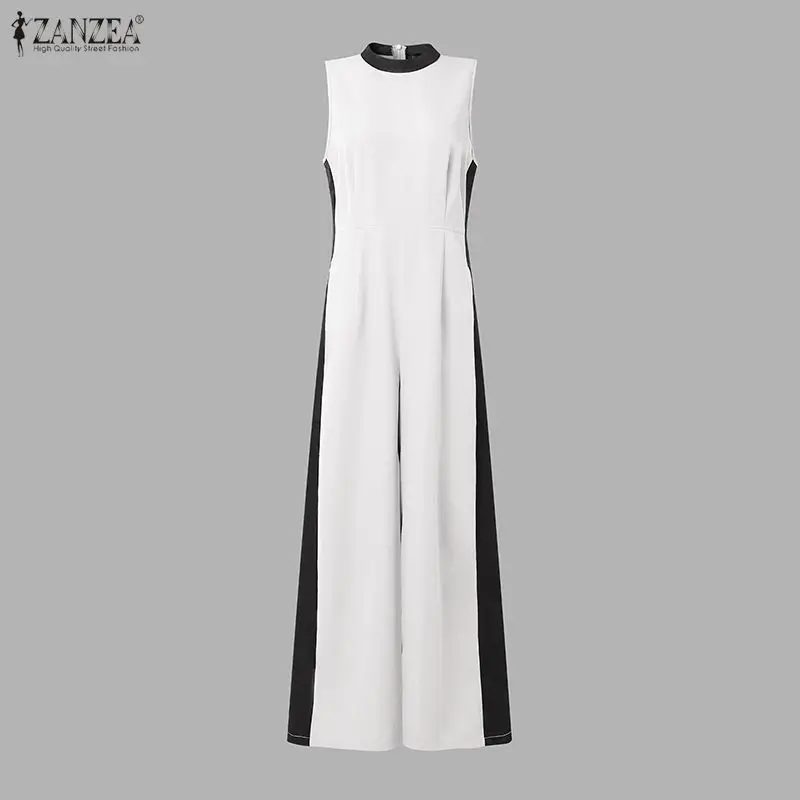 ZANZEA Summer Women Jumpsuit Sleeveless Wide Leg Pant Stand Collar Patchwork High Waist Pantsuit Casual OL Work Outfits Rompers