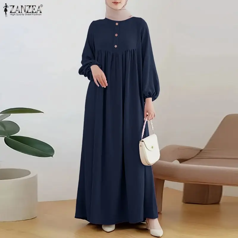 

Fashion Muslim Abaya Women Maxi Long Dress 2026 ZANZEA Casual O Neck Long Sleeve Solid Peated Sundress IsIamic Hijab Robe Kaftan