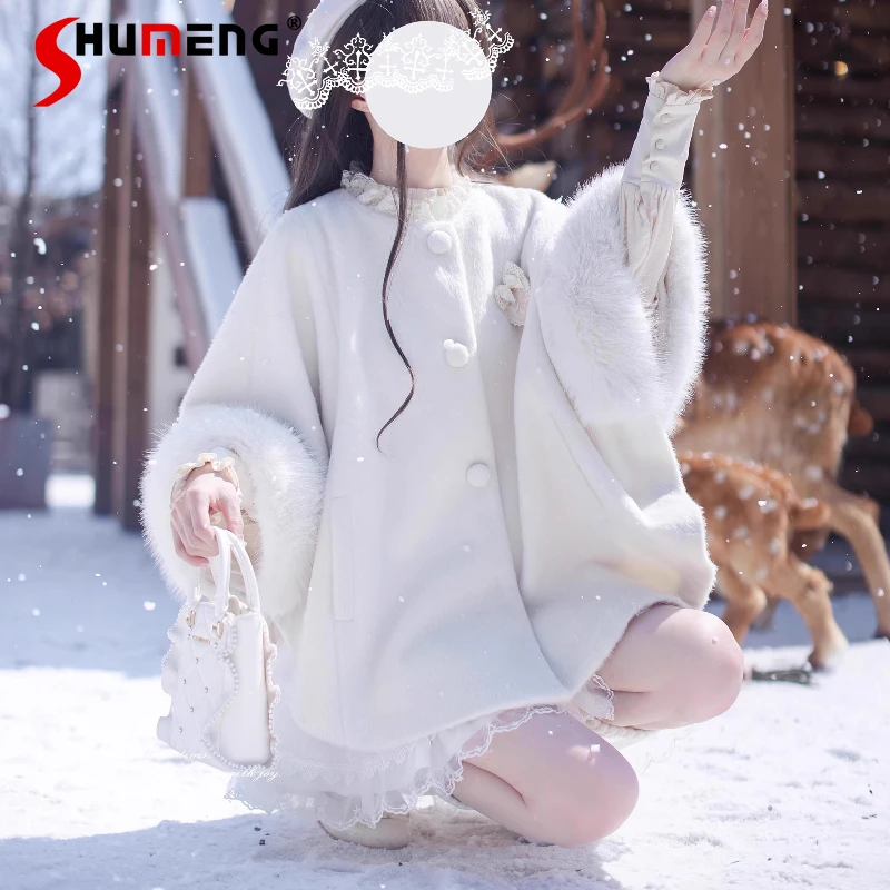 

Elegant Chic White Japanese Style Versatile Wool Cape Coat Cute Lolita Sweet Kawaii Clothes Long-sleeves Single-breasted Jacket