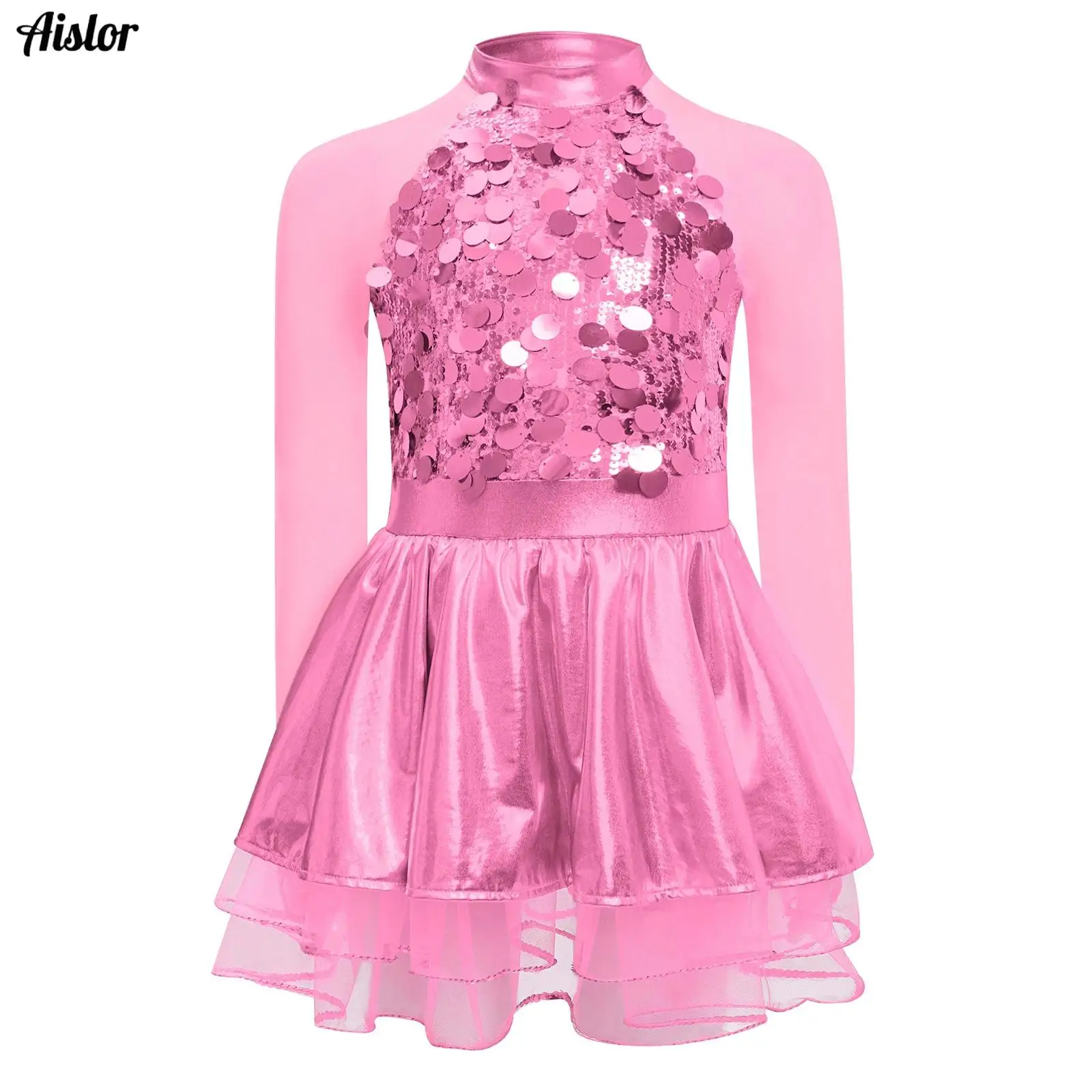 Kids Girls Ballet Dress Sparkling Sequins Metallic Sheer Mesh Long Sleeves Tutu Dress Jazz Dance School Performance Costume