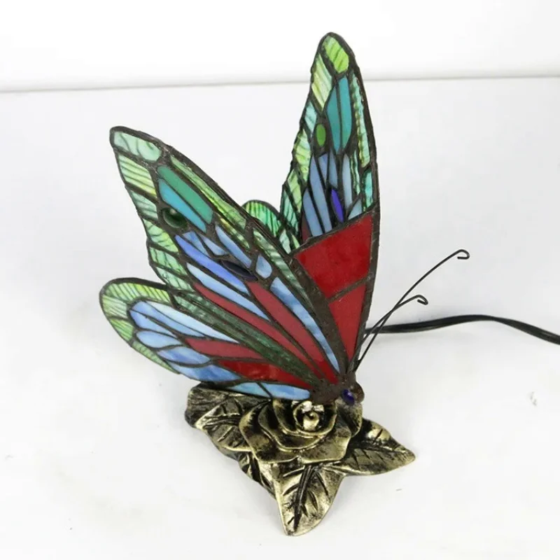 LongHuiJing Stained Glass Tiffany Butterfly Lamps With US/EU Plug In E27 Bedside LED Creative luminous ornaments