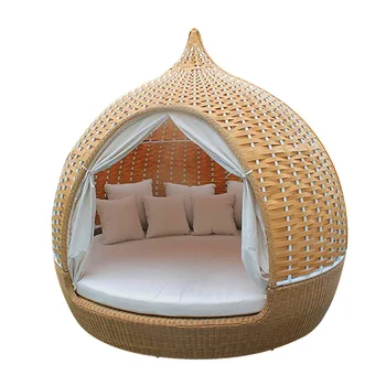 Rattan Bett Sofa Terrasse faul runde Tages bett Möbel für Garten Hinterhof Schwimmbad Outdoor Rattan Korb Sonnen liegen