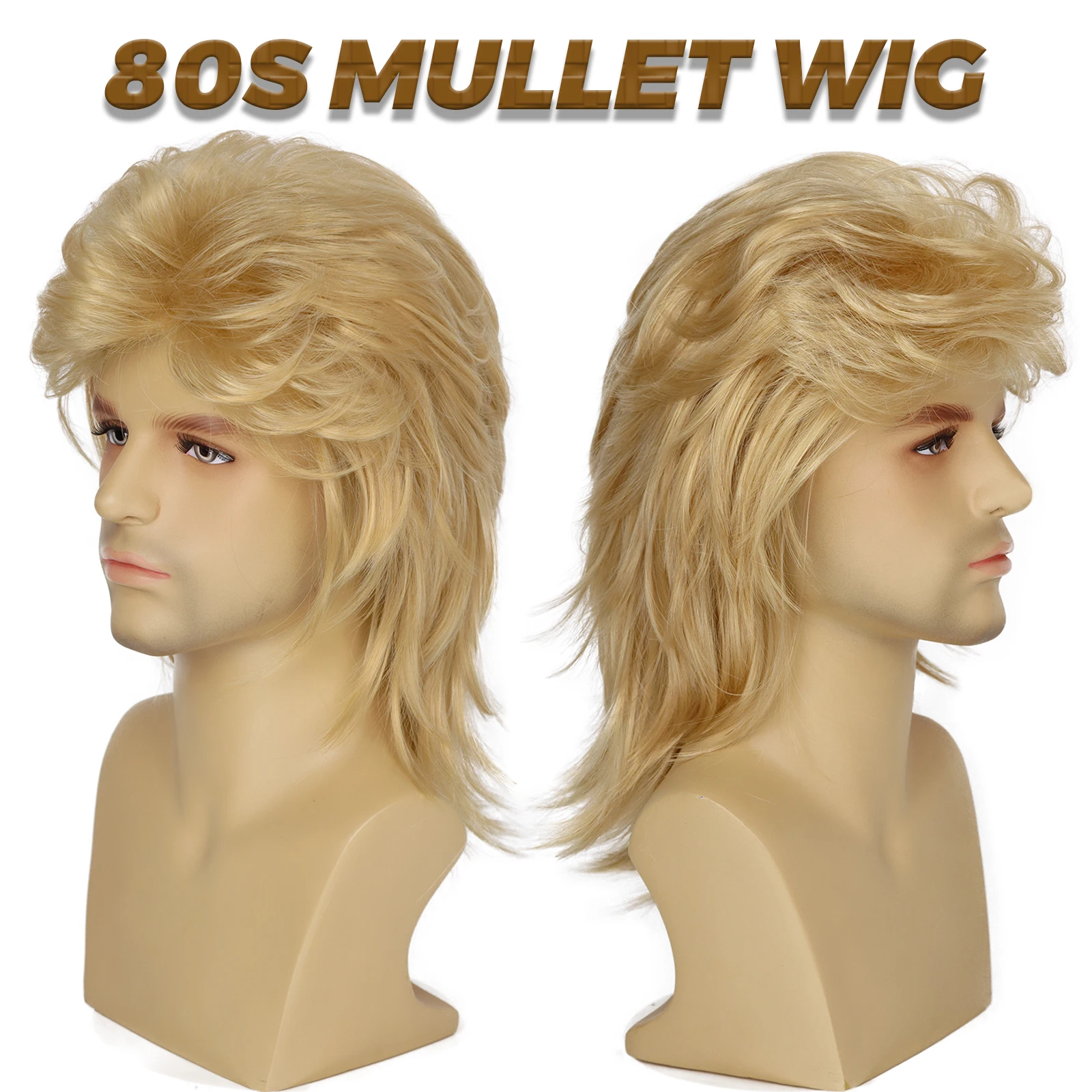 Mullet Peruka dla Mężczyzn 70s 80s Kostium Fancy Party Peruka Długa Blond Kręcona Punk Rocker Peruka Syntetyczne Kostiumy Halloween dla Mężczyzn