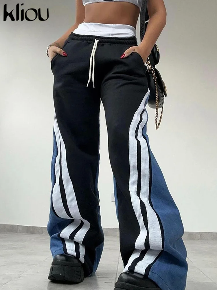 kliou Panelled Women Casual Pants 2024 New Sporty Oversized Elastic Waist Stripe Patchwork Trousers Female Basic Active Bottoms