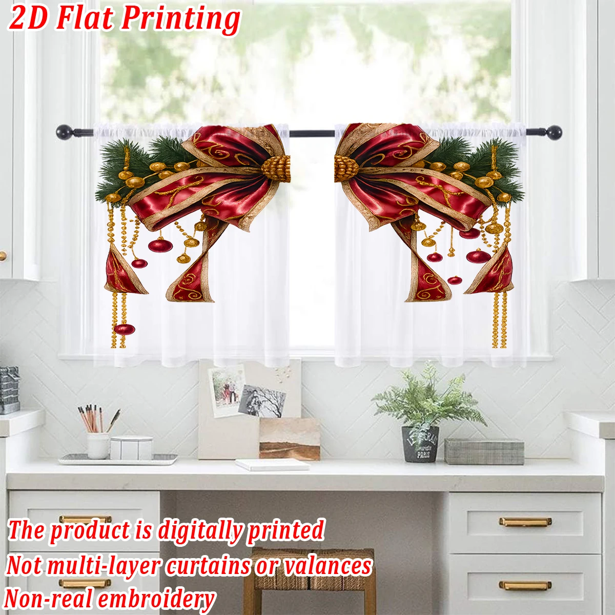 Christmas Flat Printing Kitchen Sheer Curtain with Merry Christmas Bow Ornament Ball For Christmas Home Decor  Party