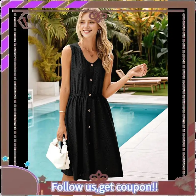 A95D-Womens Sleeveless Sundress Summer Casual Eyelet Button Down Short Dress Flowy Beach Tank Mini Dress With Pocket