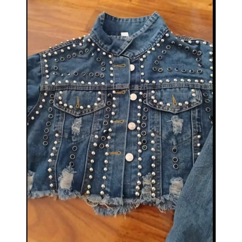 New Spring Autumn Heavy Industry Rivet Diamond-encrusted Denim Jacket Women's Long Sleeve Wear Bead Jacket Top Exquisite Simple