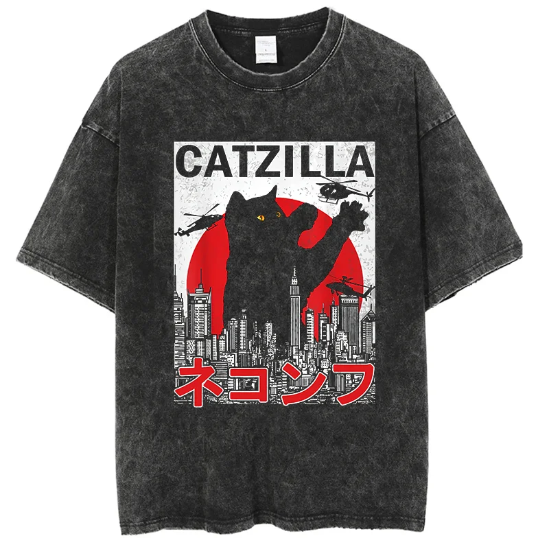 

2025 America and Other Old Washed Cross-border Large Size Loose T-shirt Catzilla Monster Cat Male and Female Students Tide