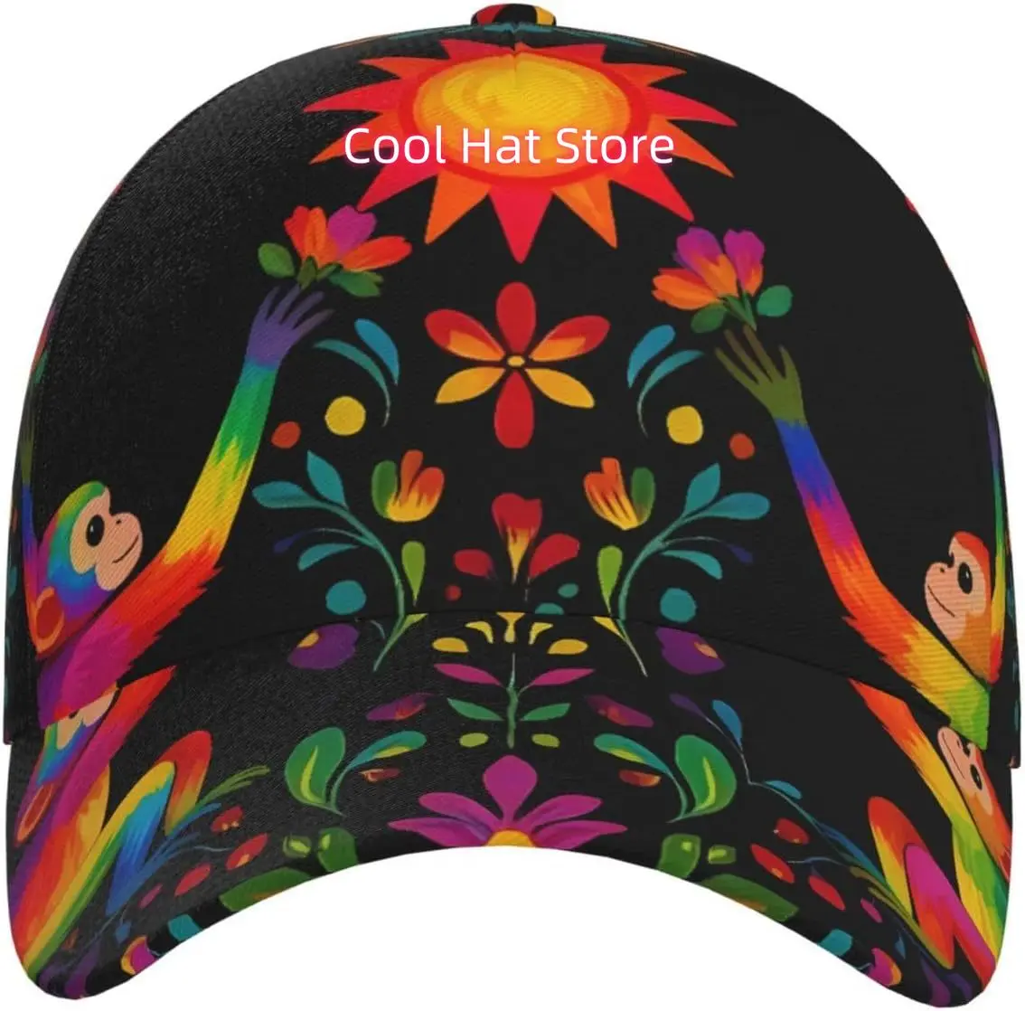 Cute Monkey Flower Pattern Baseball Cap Adjustable Cotton Baseball Hat for Sports, Outdoor, Travel Gifts for Men Black