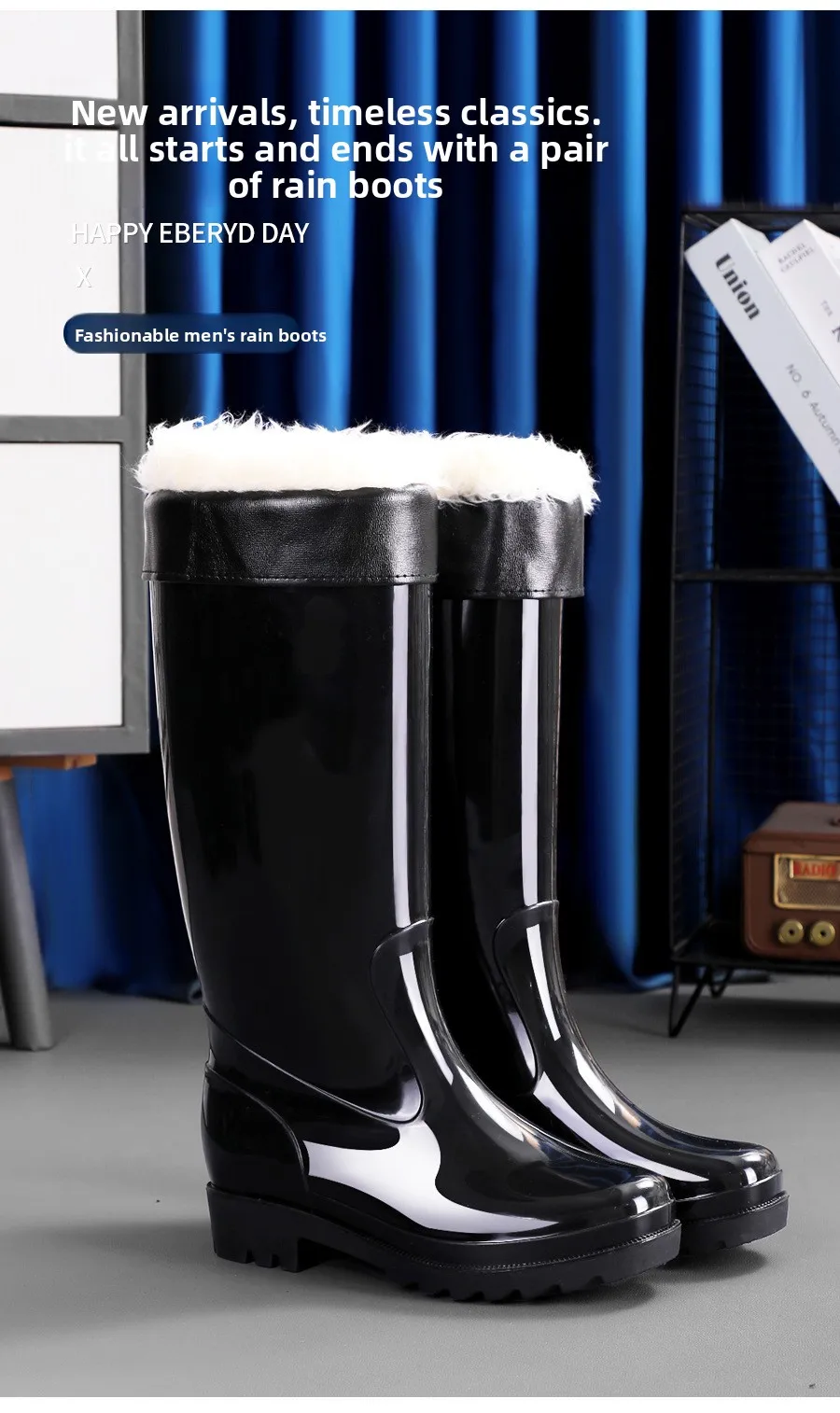 Hohe Regenschuhe für Herren Lange Gummistiefel Wasserdicht Outdoor Rutschfest Samt Warm Wasserschuhe Kälteschutz – Detail 3