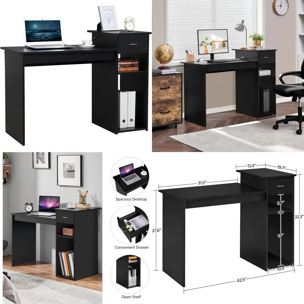 

Modern Wooden Computer Desk with Storage and Monitor Stand, Simple Style Laptop Table for Home Office