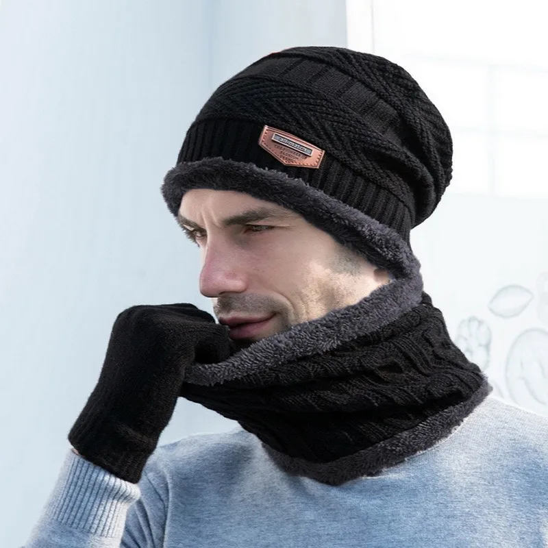 3 IN 1 Winter Knit Beanie Hat with Scarves And Touch Screen Gloves for Men Women Windproof Warm Fleece Cap Cycling Equipment