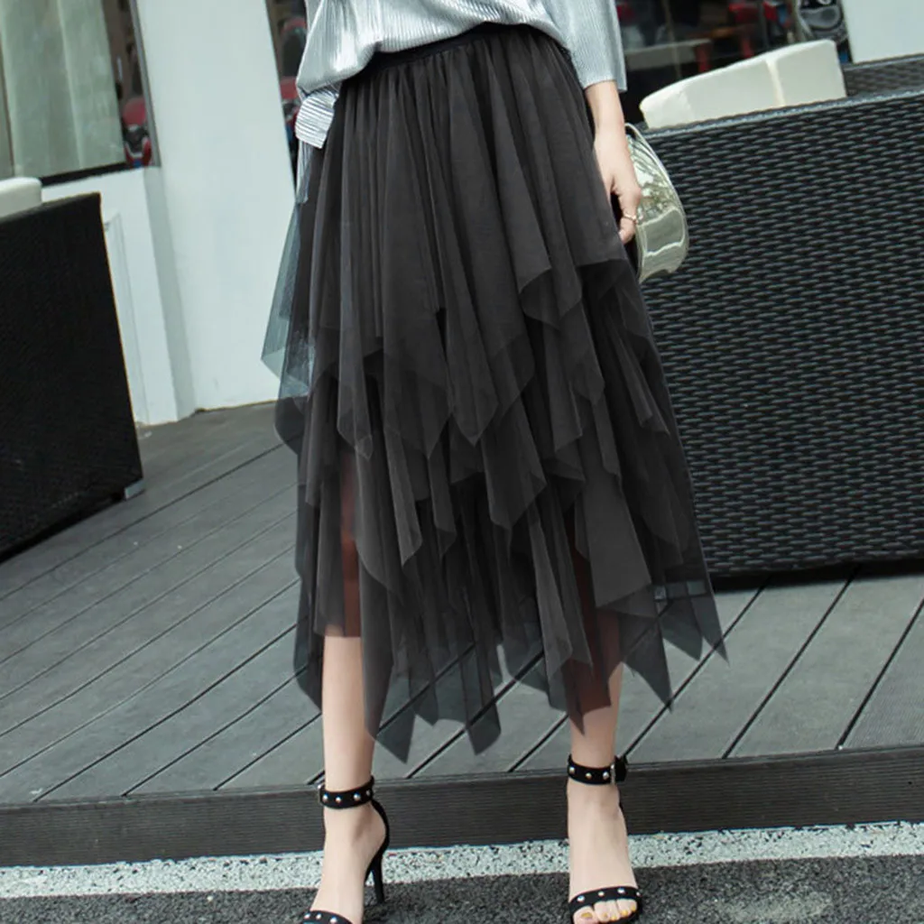 

Fashion Women Spring High Elastic Waist Mesh Tutu Skirt Irregular Long Skirt Elegant Lolita Luxury Kawaii Mardi Gras Carnival