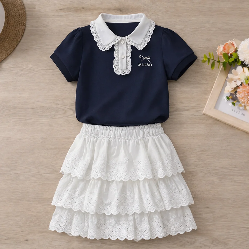

Комплект школьной формы для девочек: топ-поло в стиле преппи темно-синего цвета с кружевом, белая многослойная кружевная юбка, повседневная одежда для девочек 6-12 лет
