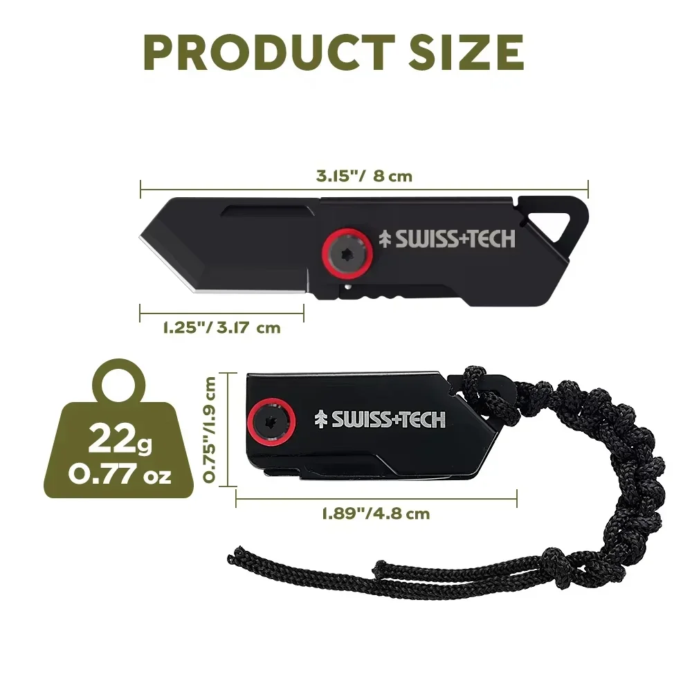 SWISS TECH Mini Pocket Knife Folding Keychain Unpacking Knives Outdoor EDC Knifes Utility Box Cutter with Portable Rope Lanyard