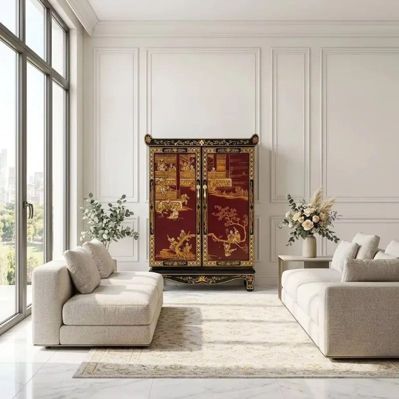 Chinese Seiko gold lacquer hand-painted lacquered wood antique large capacity living room side cabinet