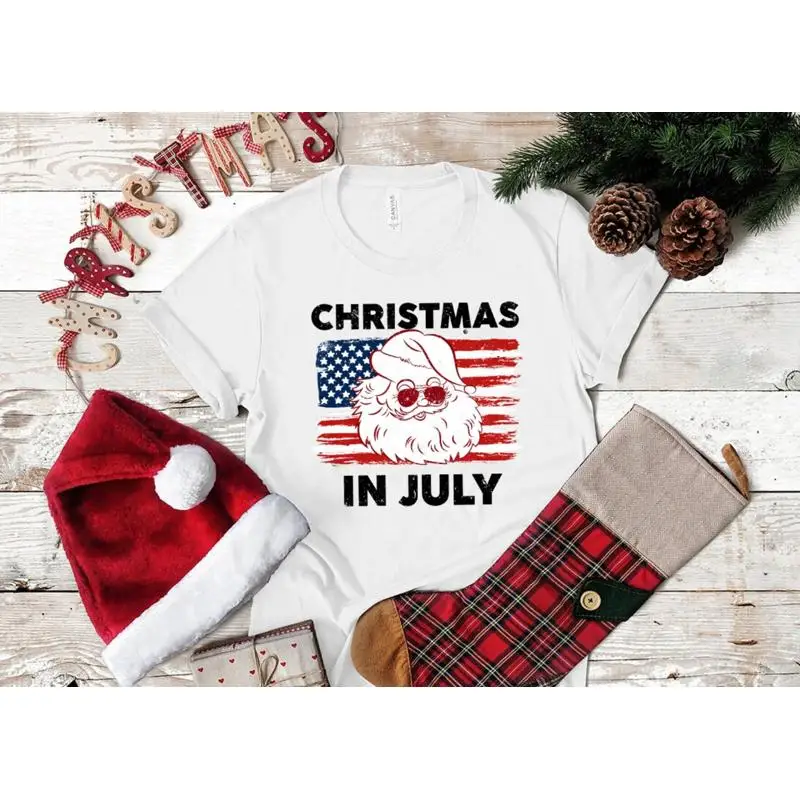 Christmas in July T Shirt US Flag Summer Holiday Santa Claus USA Family Vacation Patriotic