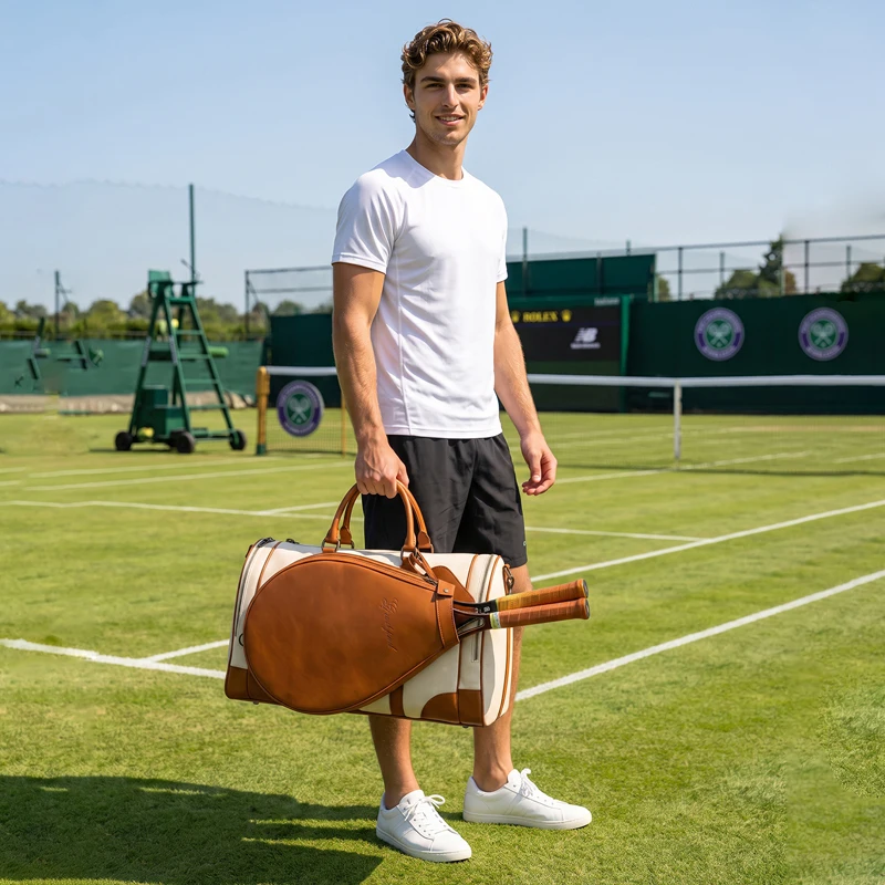 GreatSpeed Luxury Genuine Leather Canvas 2R Tennis Racquet Bag Shoe Compartment Badminton Tennis Racket Tote Bag Shoulder Bags