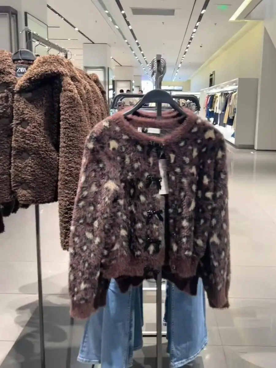 

Spring Autumn New Arrival Women's Knitted Cardigan round Ne Long Sve Faux Fur Patchwork Knot Casual Faion