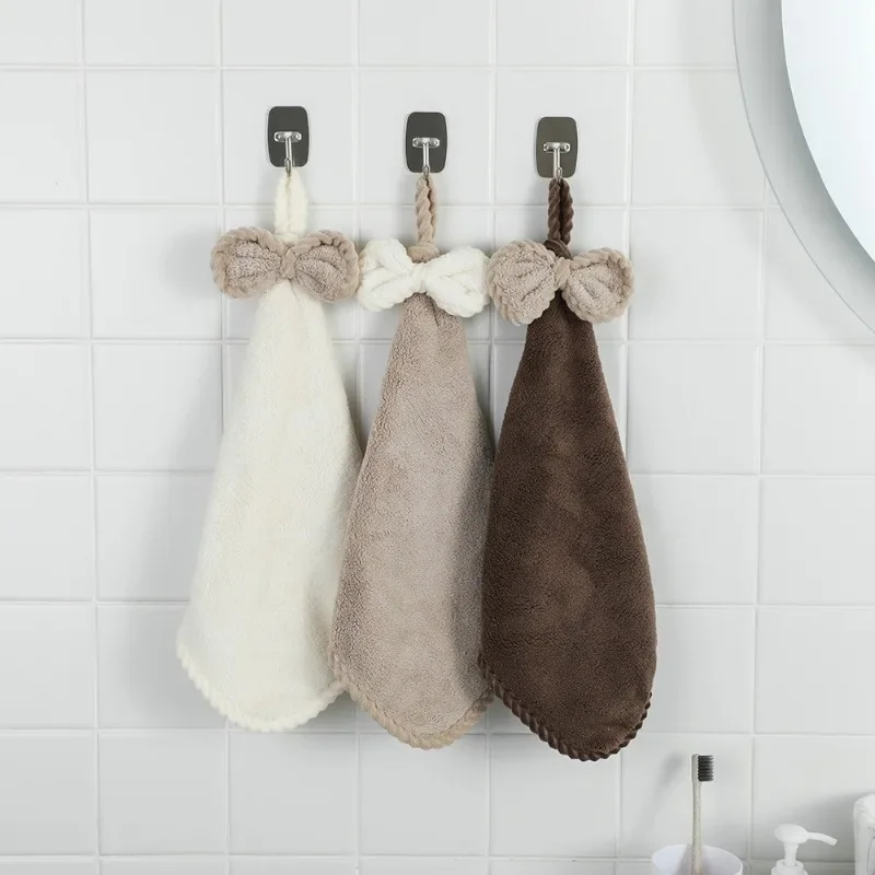 Bow Hand Towel Coral Fleece Hanging Band Towel Highly Absorbent Quick Drying Thickened Cleaning Cloth for Home Kitchen Bathroom