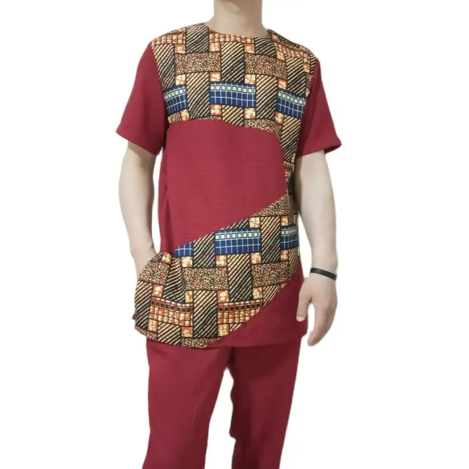 Summer Men\'s Red Stripe Suit Short Sleeves Set Patchwork Tops With Pant Male Nigerian Fashion Design African Groom Party Outfits