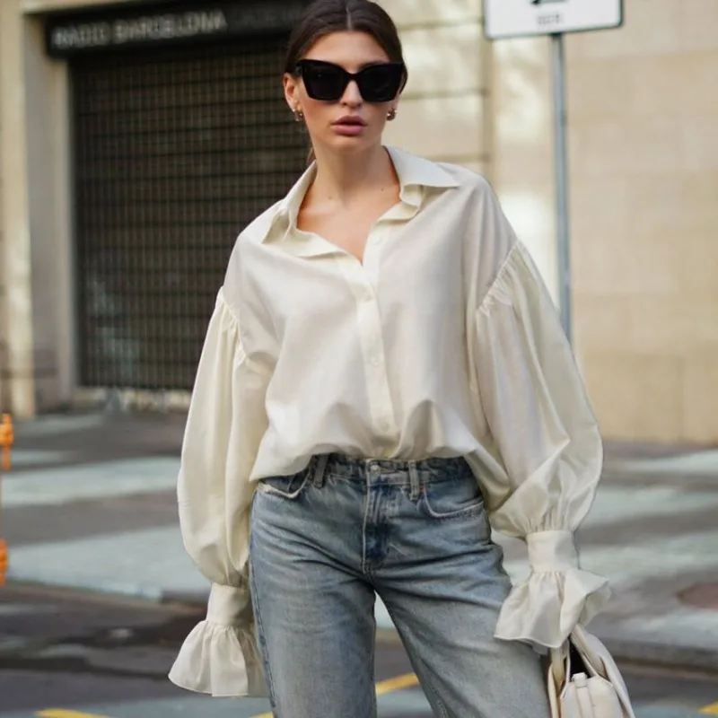 Talenza Women Fashion Shirt Solid Ruffle Lapel Button Patchwork Elegant Blouses High Street Chic Commuter Casual Women Shirt Top