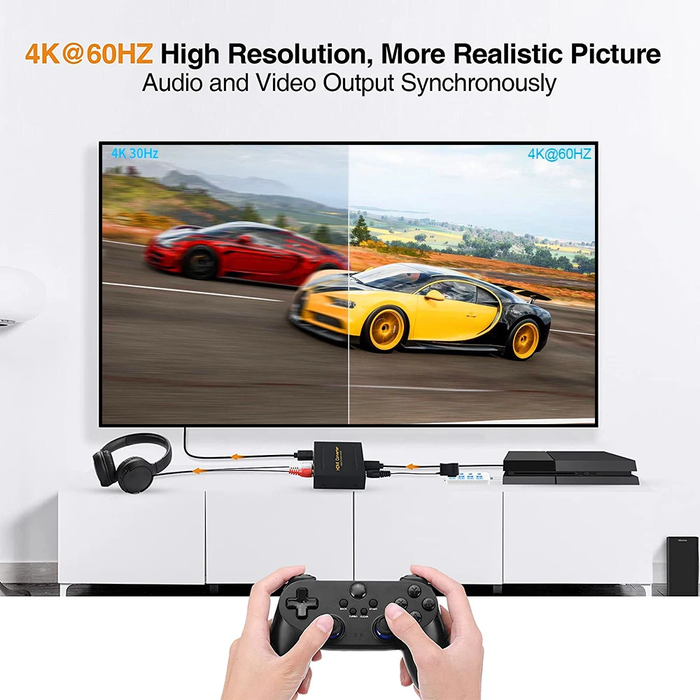 Konwerter ekstraktor Audio HD na HD + Audio ( SPDIF + RCA L/R Stereo) dla Fire Stick Xbox PS5 obsługuje 3D dla HDCP2.2 18Gpbs