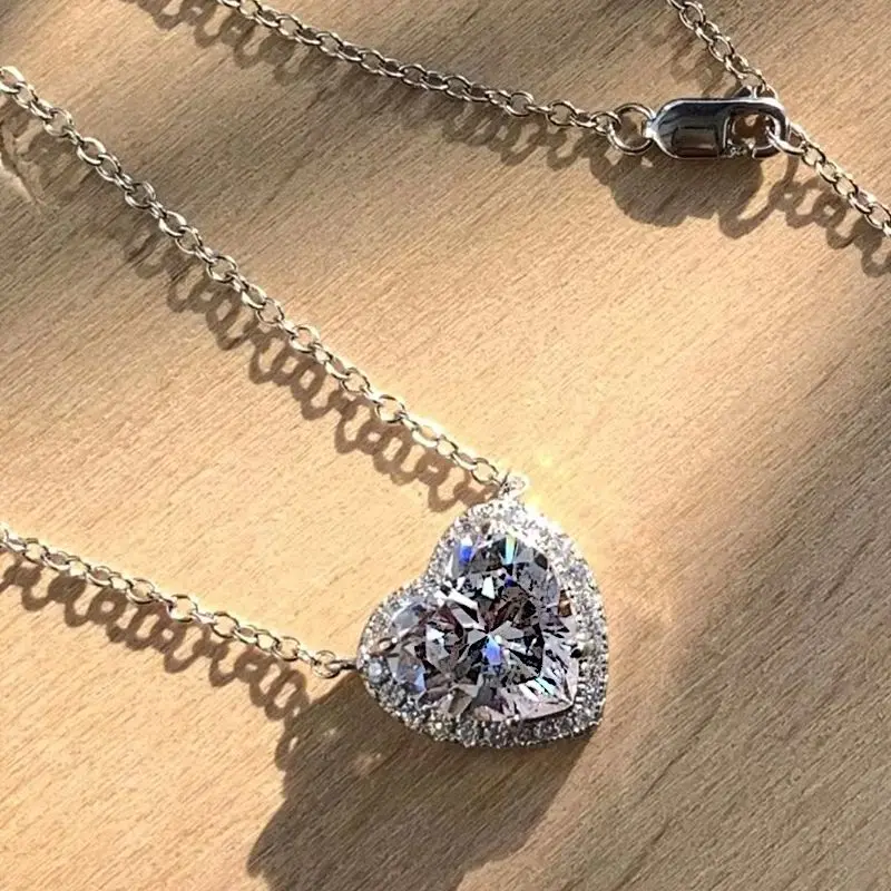 True S925 Silver Heart Necklace Women 10mm Heart Diamond Pendant Necklace Female Luxury Jewelry Shining 5A Zircon Girl Gift Lady