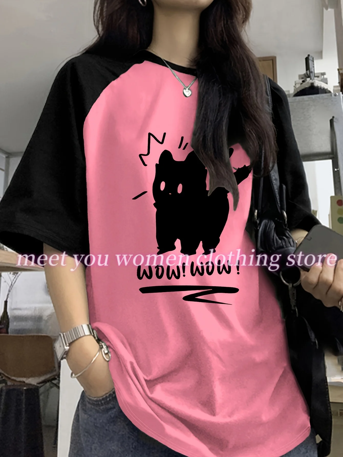 

Black Cartoon Cat Pattern Woman T Shirt Girl Oversize Daily Top Female Creativity Streettshirt Round Neck T-Shirt Casual Clothes